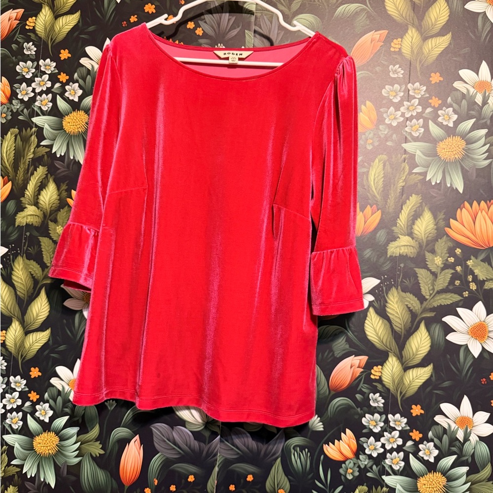 Boden Pink Velvet Blouse with Ruffled Sleeves